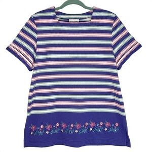 Vintage Floral Striped Embroider Tunic Top Cottagecore Granny Nautical Coastal M